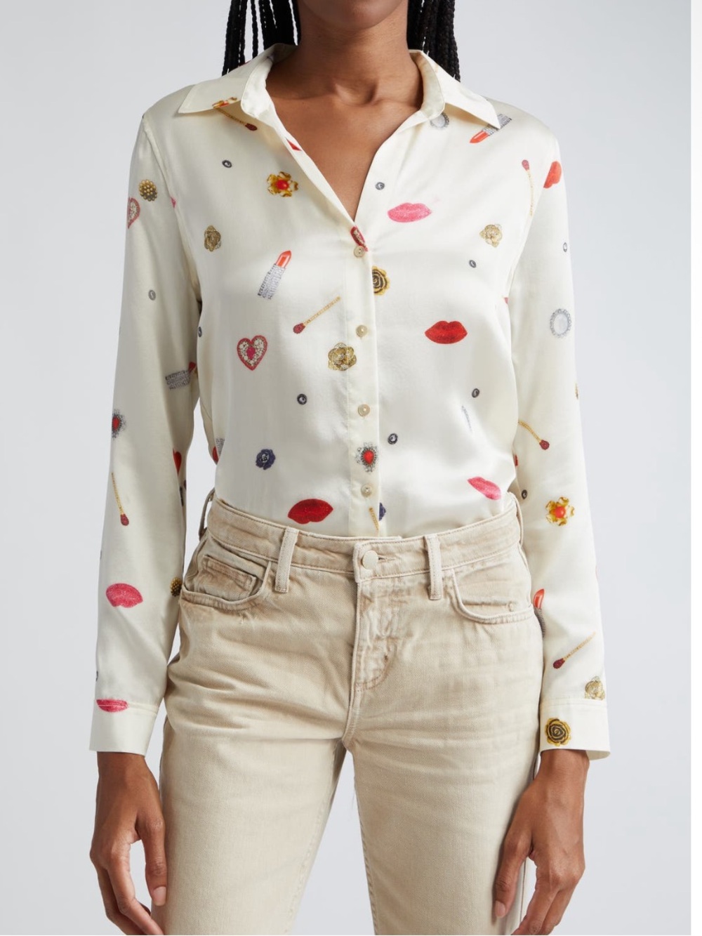 L’Agence Tyler Silk Champagne Multi Heart Jewel Button Up Long Sleeve Blouse - Picture 5 of 13